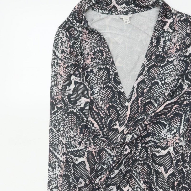 River Island Women Black Pink Animal Print Wrap Dress UK 8 Knee Length