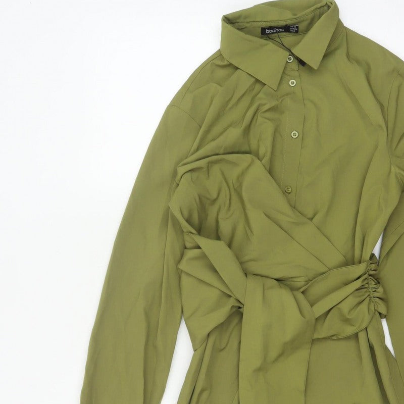 Boohoo Women Green UK 10 Shirt Dress Collared Belted Ruched Long Sleeve