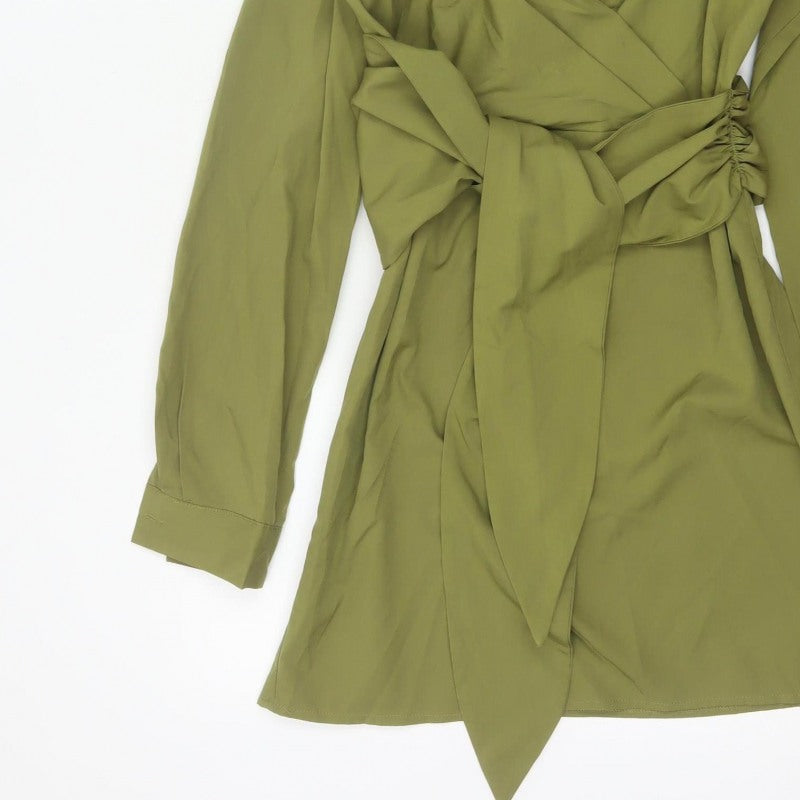 Boohoo Women Green UK 10 Shirt Dress Collared Belted Ruched Long Sleeve