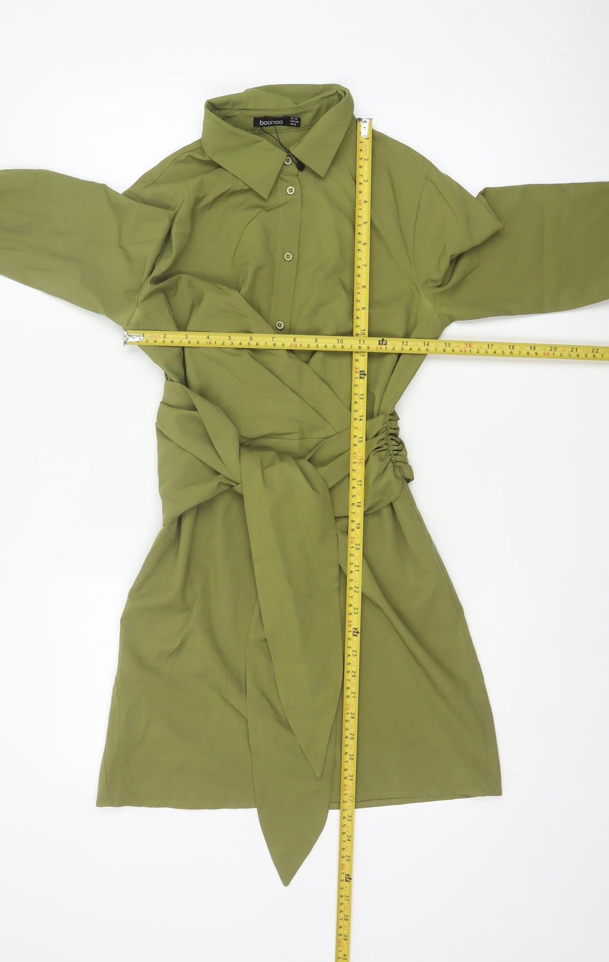 Boohoo Women Green UK 10 Shirt Dress Collared Belted Ruched Long Sleeve