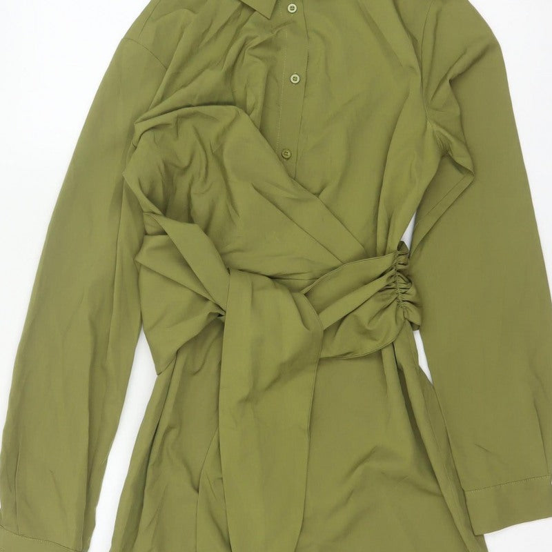 Boohoo Women Green UK 10 Shirt Dress Collared Belted Ruched Long Sleeve