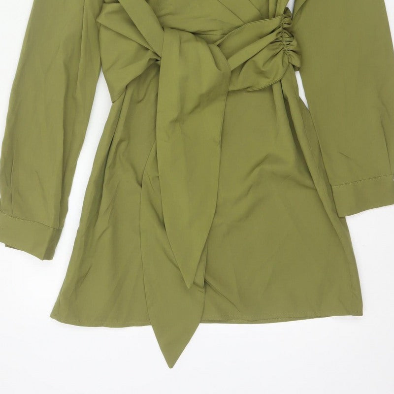 Boohoo Women Green UK 10 Shirt Dress Collared Belted Ruched Long Sleeve