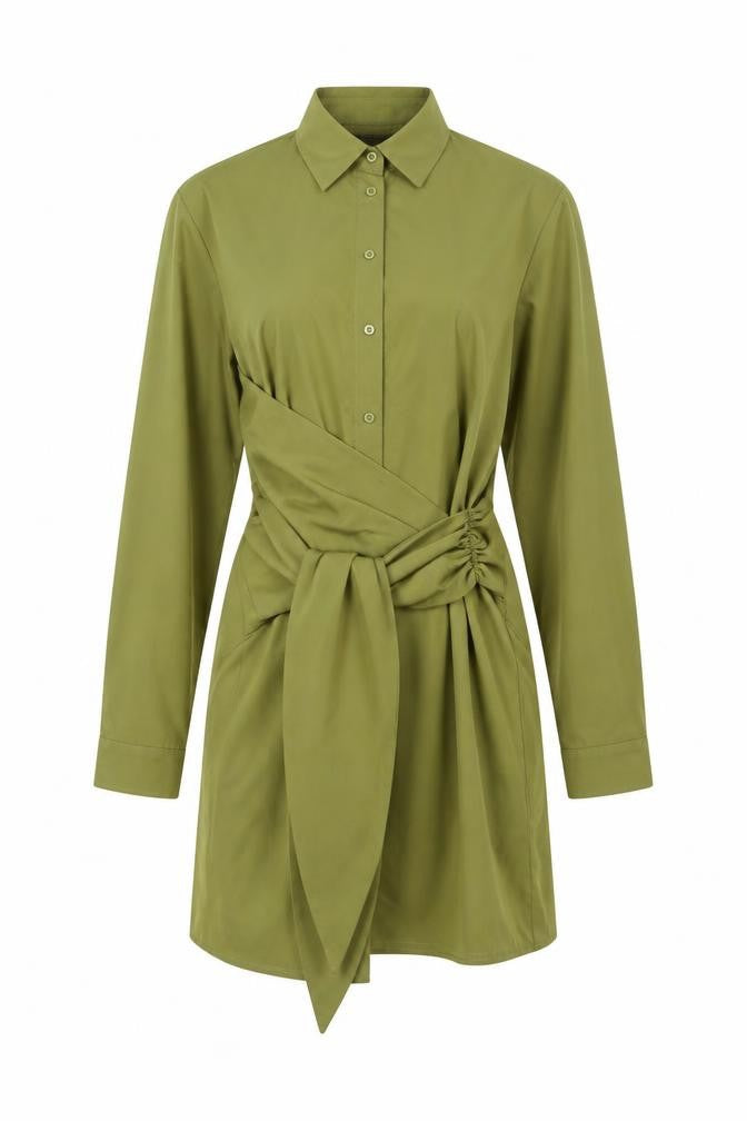 Boohoo Women Green UK 10 Shirt Dress Collared Belted Ruched Long Sleeve