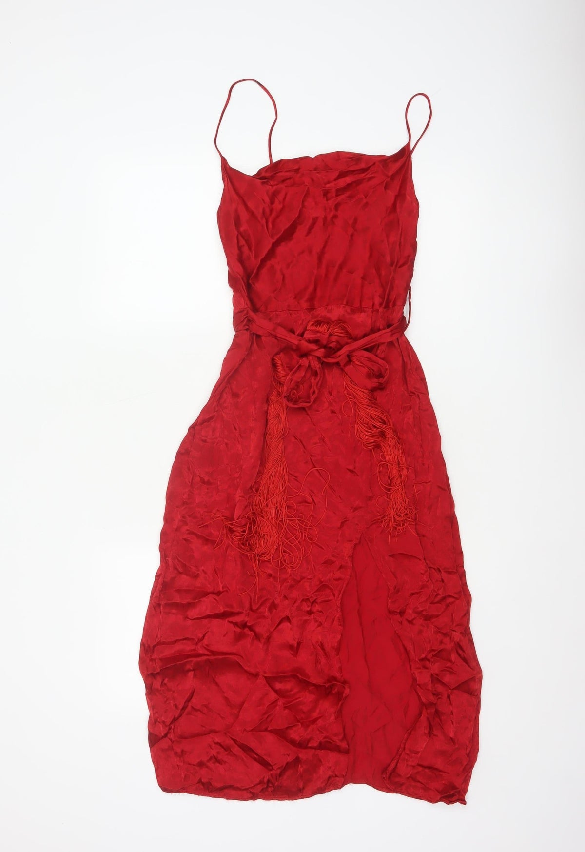 Zara Basic Women Red XS Long Viscose Tassel Belted Slip Dress