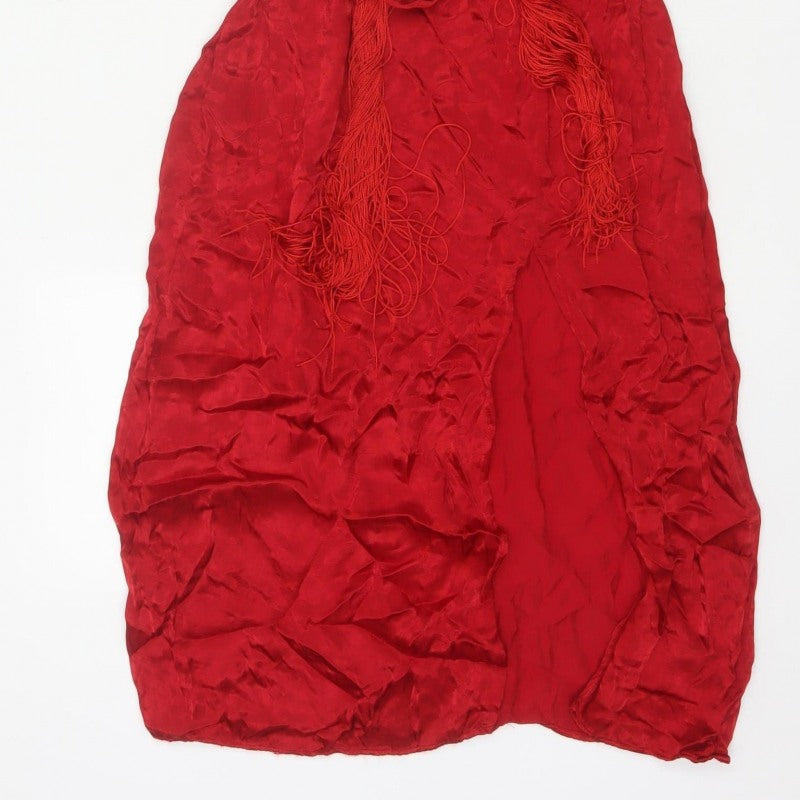 Zara Basic Women Red XS Long Viscose Tassel Belted Slip Dress