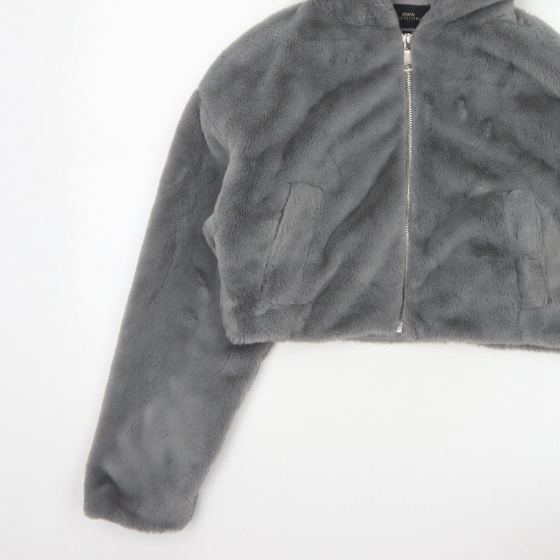 Urban Outfitters Women Grey S Faux Fur Hooded Cropped Zip Jacket
