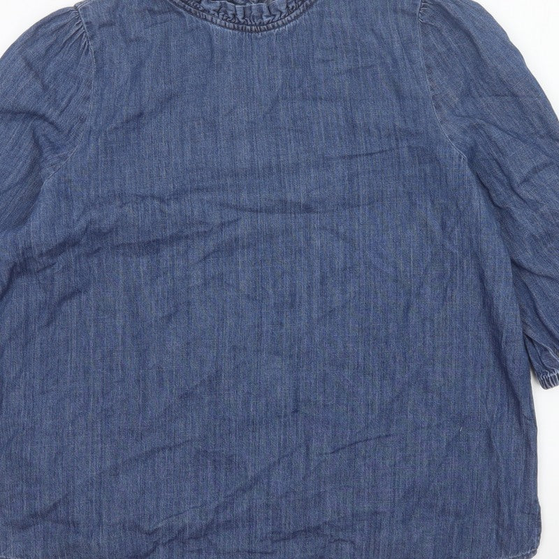 Marks and Spencer Women Blue UK 16 Denim Ruffle Neck 3/4 Sleeve Blouse