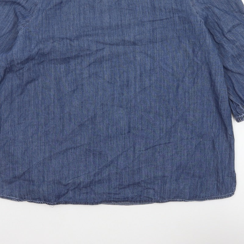 Marks and Spencer Women Blue UK 16 Denim Ruffle Neck 3/4 Sleeve Blouse
