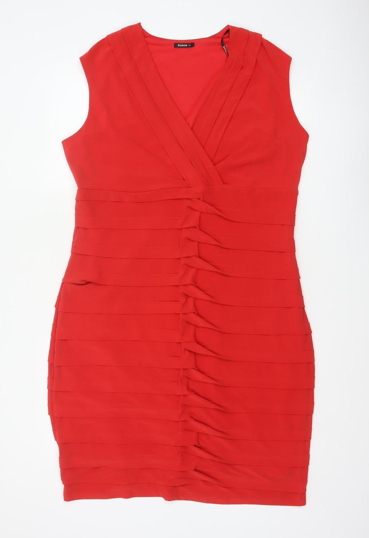 Roman Women Red UK 20 Bodycon Ruffle V-Neck Knee Length Party Dress