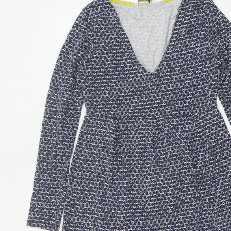 Boden Women Blue UK 10 Fit & Flare Knee Dress Geometric V-Neck Long Sleeve