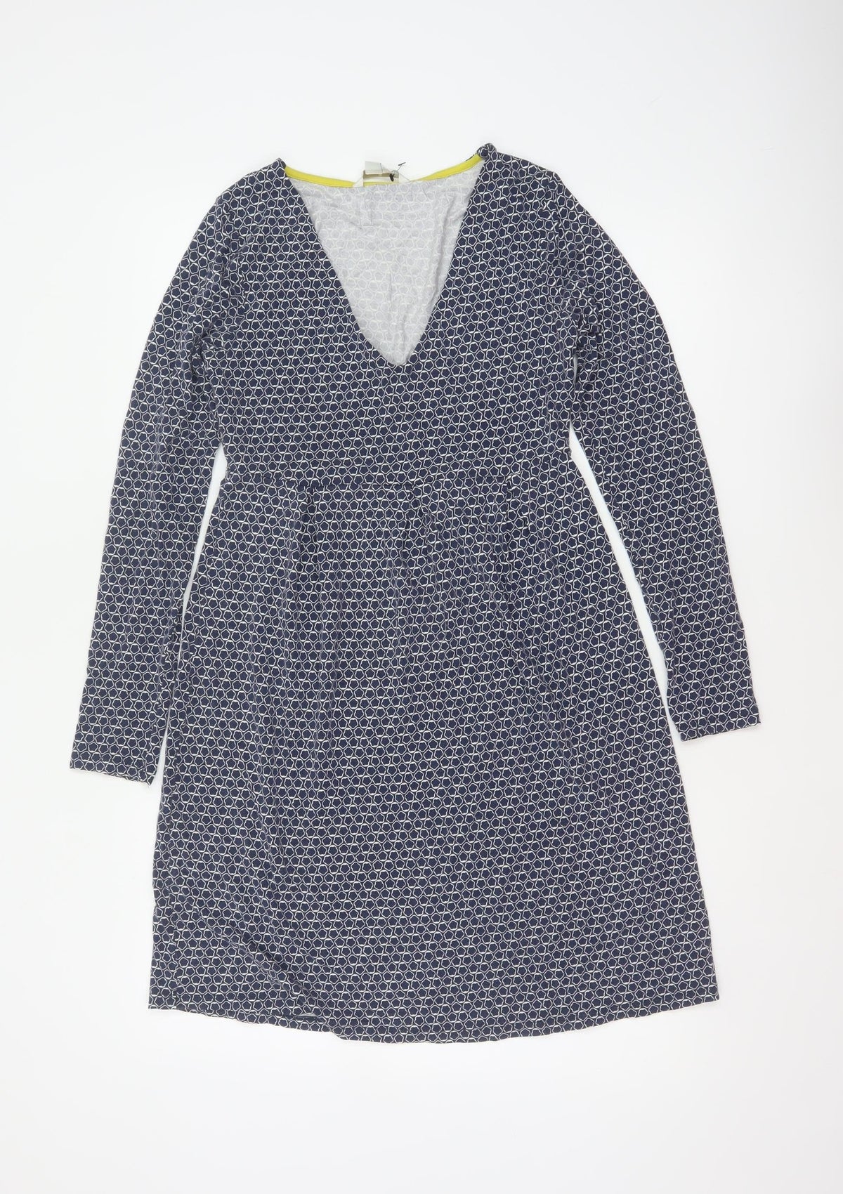 Boden Women Blue UK 10 Fit & Flare Knee Dress Geometric V-Neck Long Sleeve