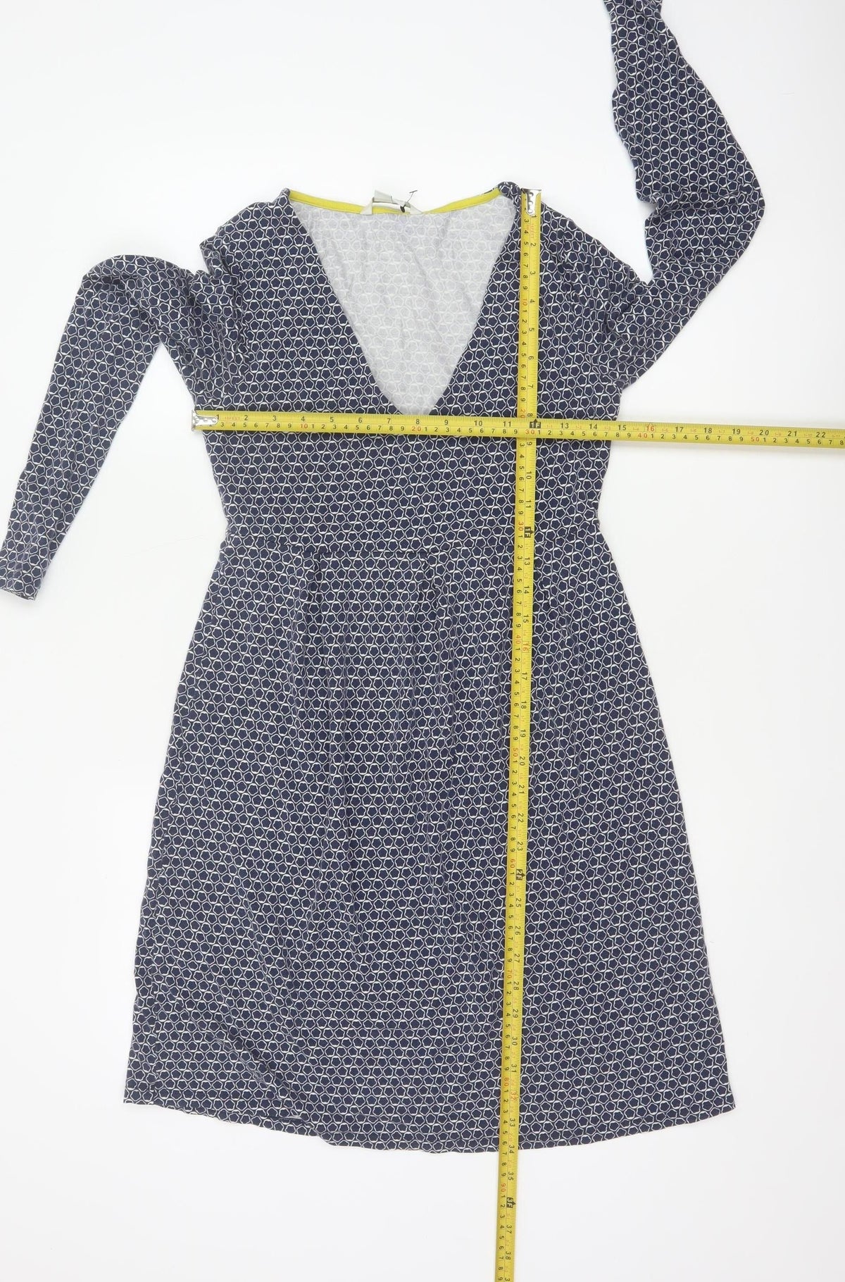 Boden Women Blue UK 10 Fit & Flare Knee Dress Geometric V-Neck Long Sleeve