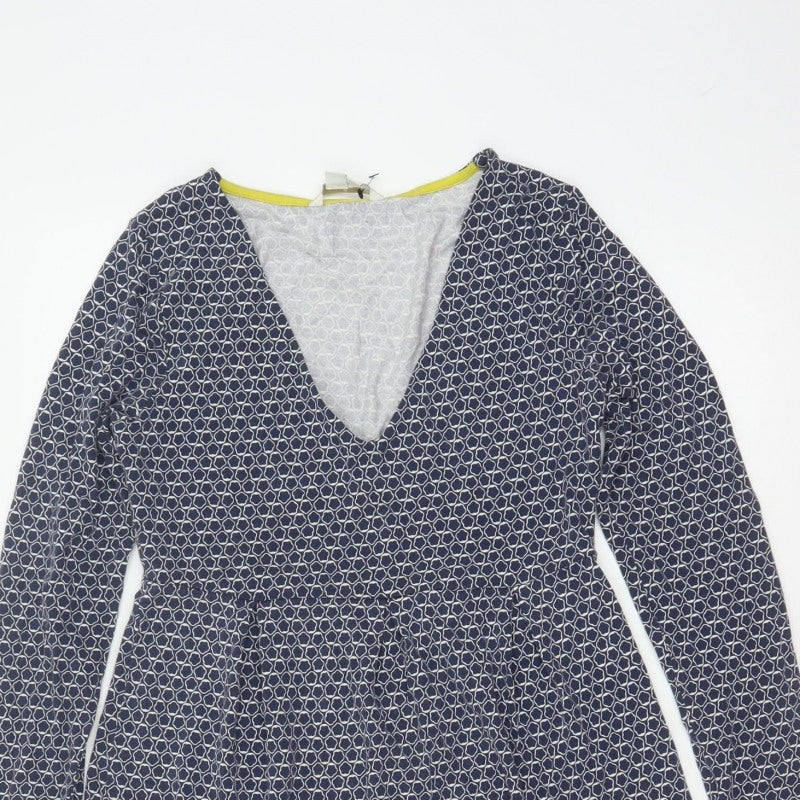 Boden Women Blue UK 10 Fit & Flare Knee Dress Geometric V-Neck Long Sleeve