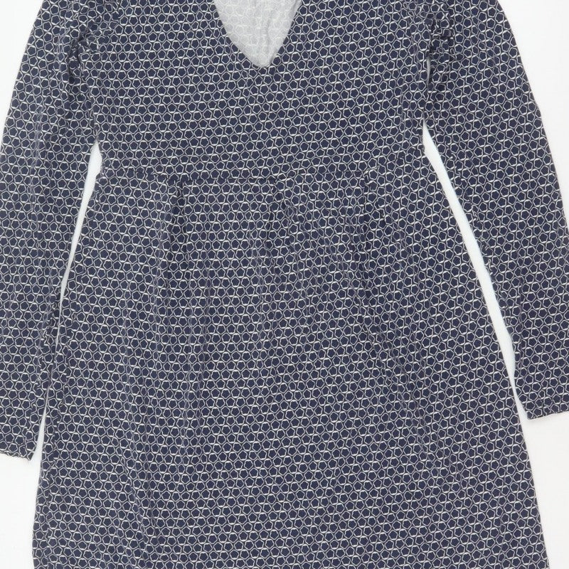 Boden Women Blue UK 10 Fit & Flare Knee Dress Geometric V-Neck Long Sleeve