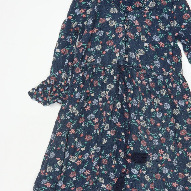 Marks and Spencer Women Blue Floral Maxi Dress Size 8 Bell Sleeve