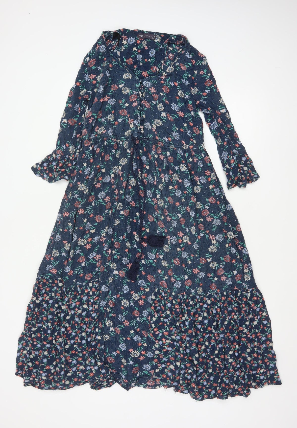 Marks and Spencer Women Blue Floral Maxi Dress Size 8 Bell Sleeve