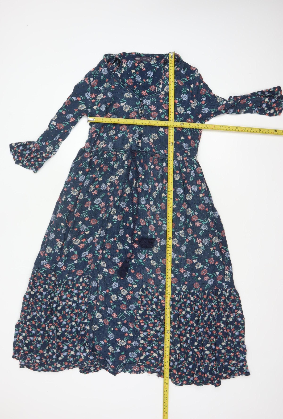 Marks and Spencer Women Blue Floral Maxi Dress Size 8 Bell Sleeve