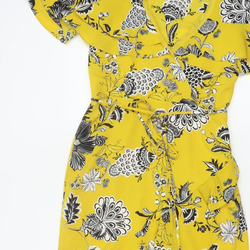 River Island Women Yellow Floral Wrap Midi Dress Size 10 Ruffle
