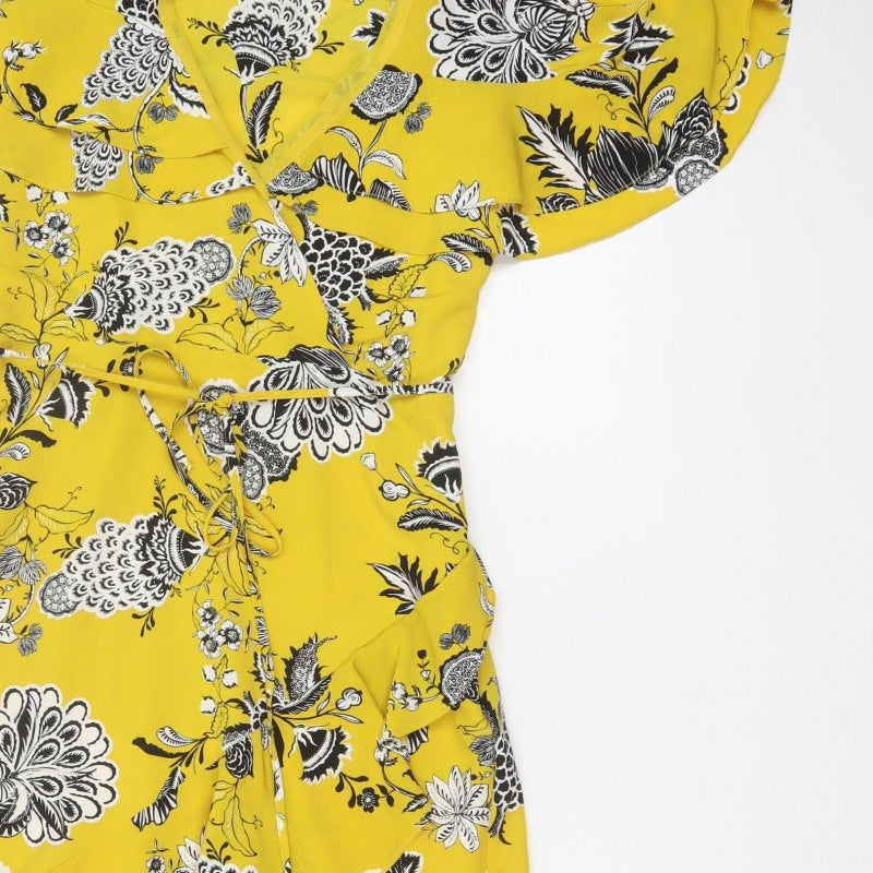 River Island Women Yellow Floral Wrap Midi Dress Size 10 Ruffle
