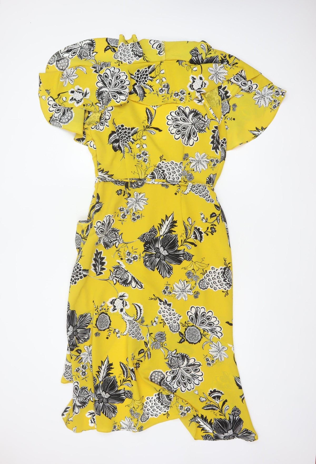 River Island Women Yellow Floral Wrap Midi Dress Size 10 Ruffle