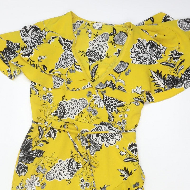 River Island Women Yellow Floral Wrap Midi Dress Size 10 Ruffle