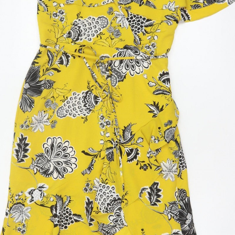 River Island Women Yellow Floral Wrap Midi Dress Size 10 Ruffle
