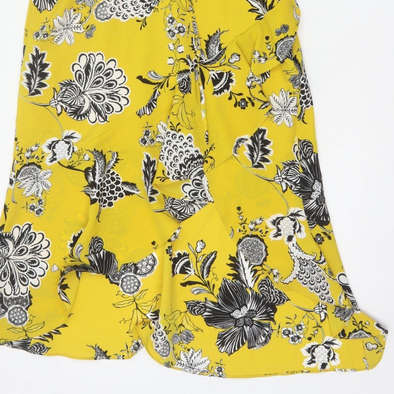 River Island Women Yellow Floral Wrap Midi Dress Size 10 Ruffle