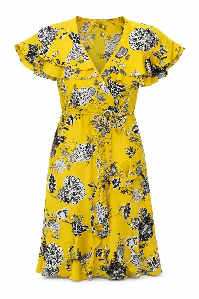 River Island Women Yellow Floral Wrap Midi Dress Size 10 Ruffle