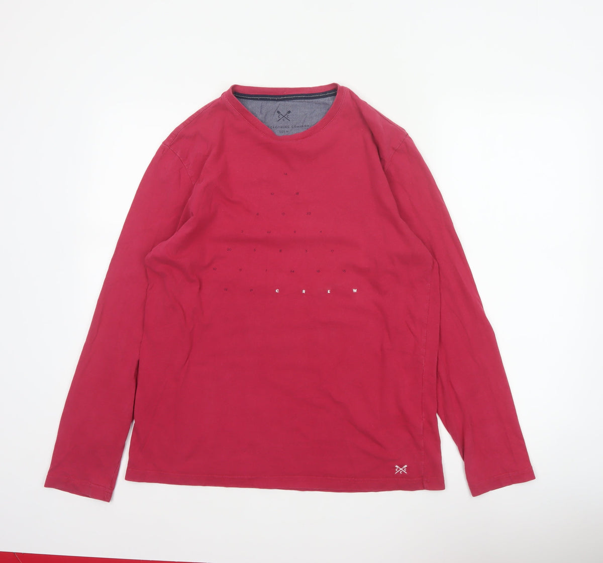 Back view of Crew Clothing Company Men’s Red M Long Sleeve Graphic Crew Neck Top
