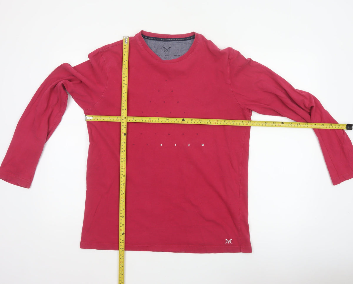 Close-up detail of Crew Clothing Company Men’s Red M Long Sleeve Graphic Crew Neck Top
