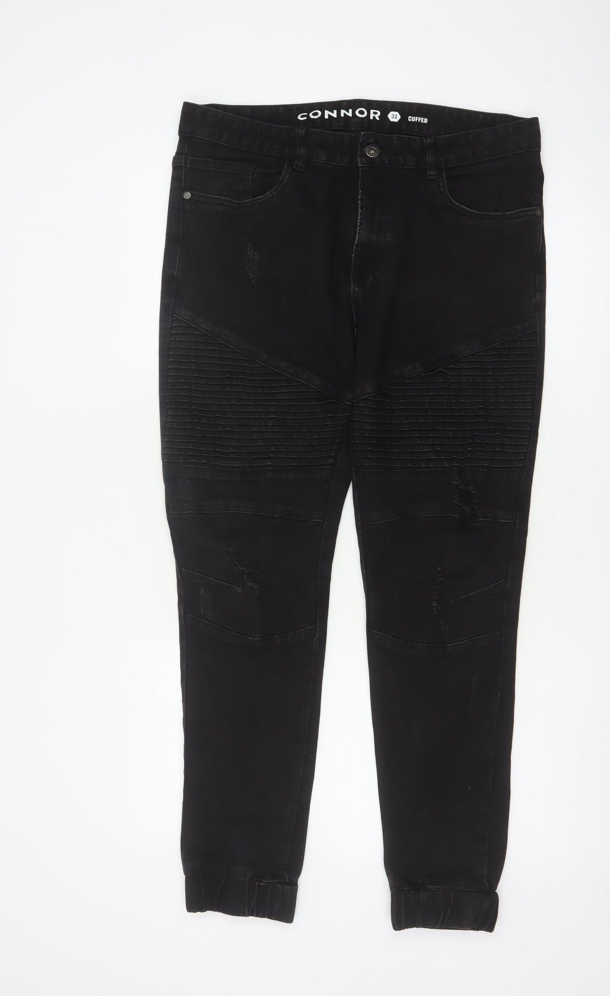 Back view of Connor Men’s Black 32 Skinny Cuffed Distressed Biker Jeans