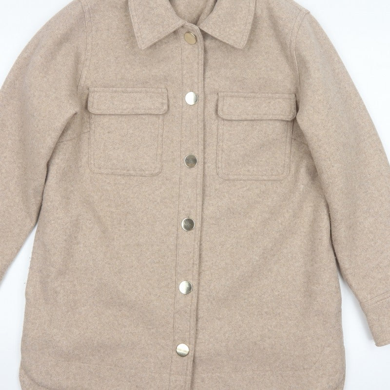 Next Women Beige UK 14 Long Basic Jacket Collared Button Pocket Shacket