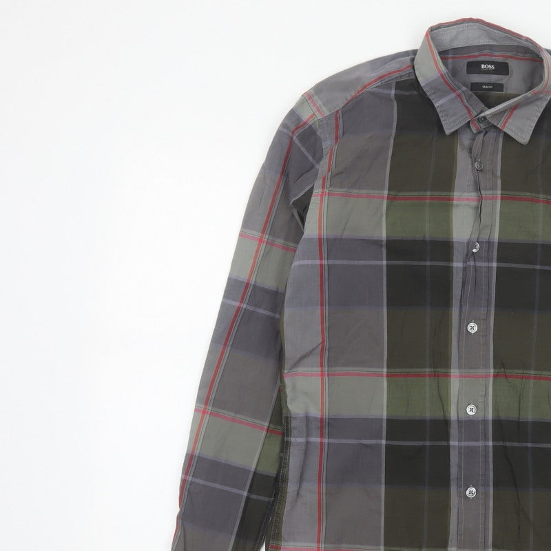 BOSS Hugo Boss Men's Grey Green Check Slim Fit Cotton Shirt Size S