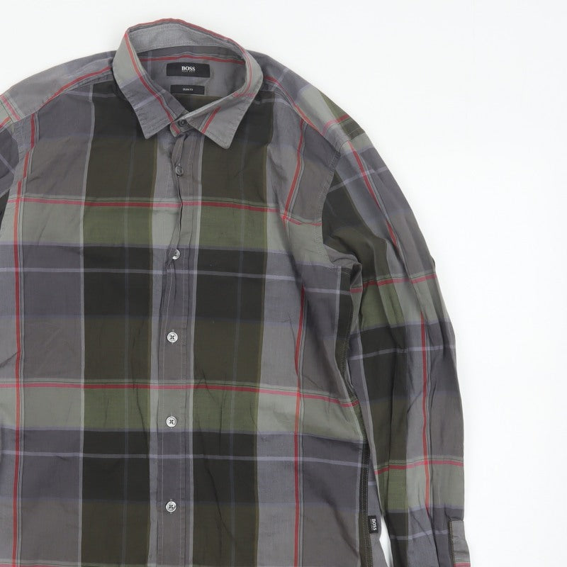 BOSS Hugo Boss Men's Grey Green Check Slim Fit Cotton Shirt Size S