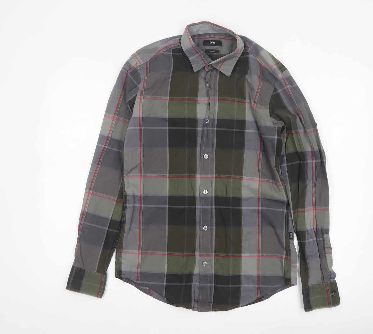 BOSS Hugo Boss Men's Grey Green Check Slim Fit Cotton Shirt Size S