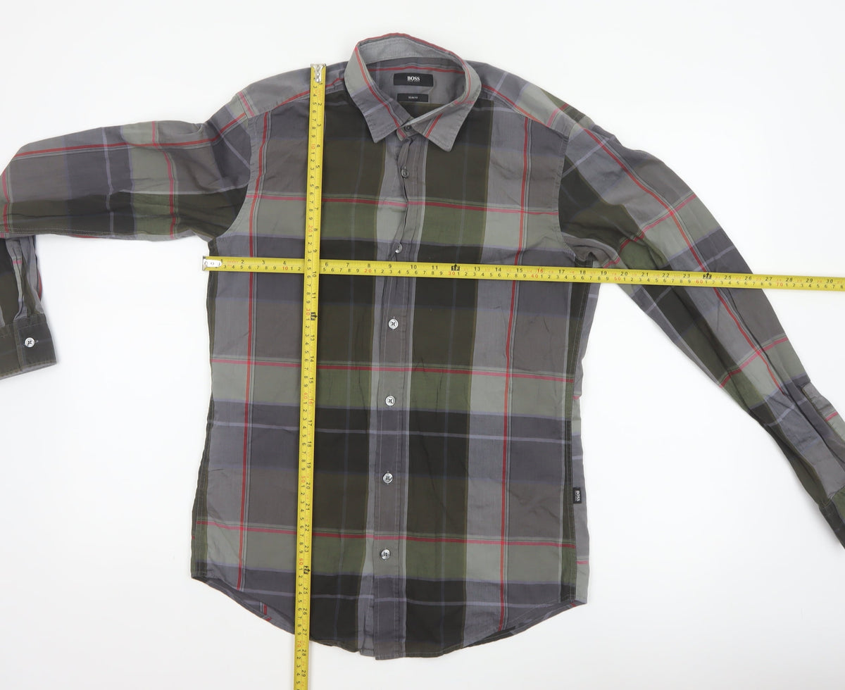 BOSS Hugo Boss Men's Grey Green Check Slim Fit Cotton Shirt Size S