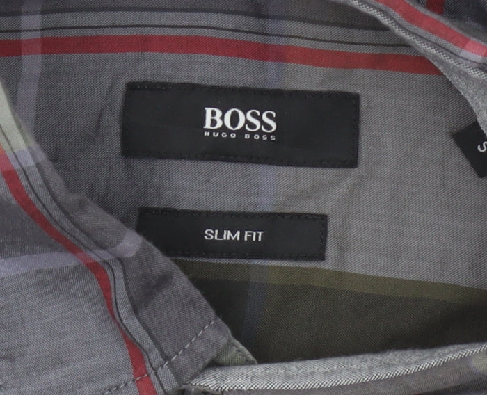 BOSS Hugo Boss Men's Grey Green Check Slim Fit Cotton Shirt Size S