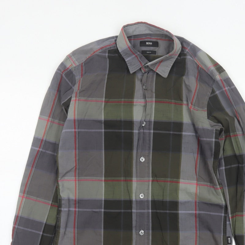 BOSS Hugo Boss Men's Grey Green Check Slim Fit Cotton Shirt Size S