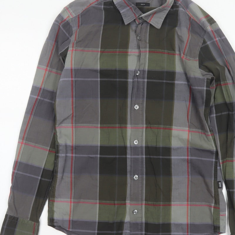 BOSS Hugo Boss Men's Grey Green Check Slim Fit Cotton Shirt Size S