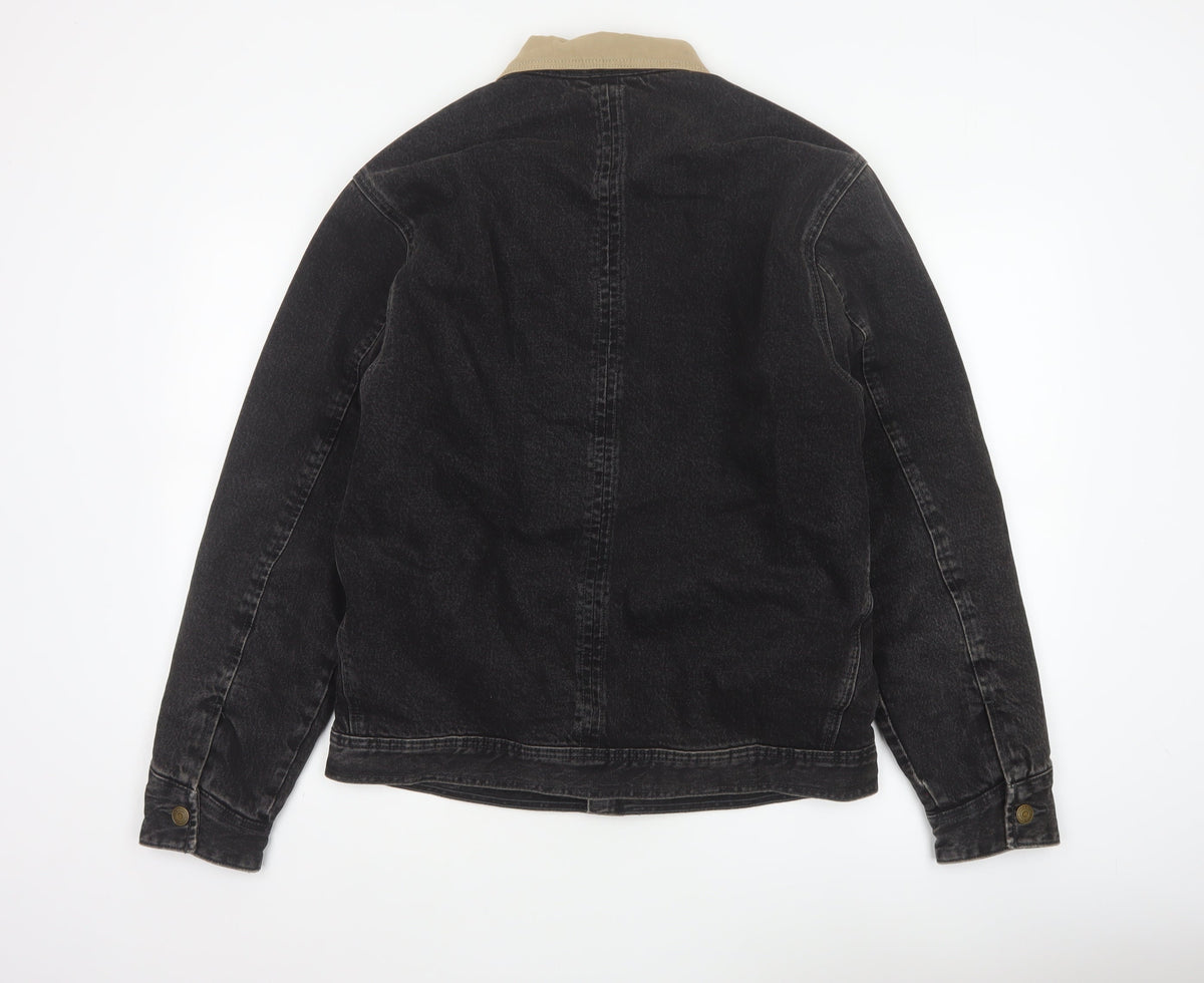 Zara Men Black Denim Jacket M Beige Collar Button Front Workwear