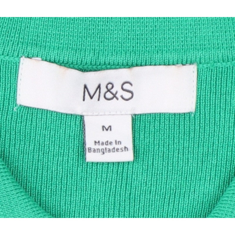 Marks & Spencer Women Green M Striped Knit Short Sleeve Polo Top
