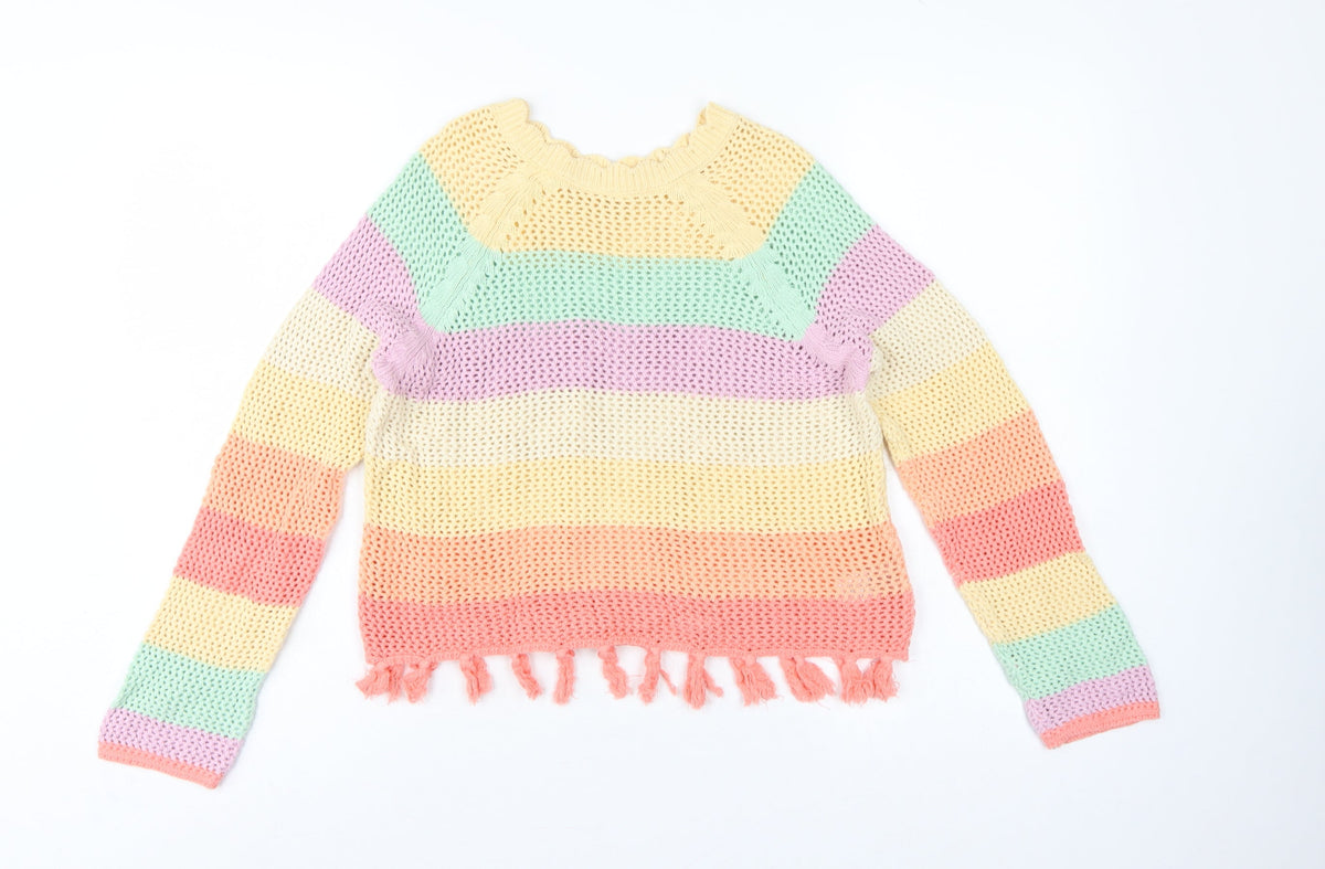 Next Girls Multicoloured 11 Years Cotton Knit Striped Tassel Pullover Jumper