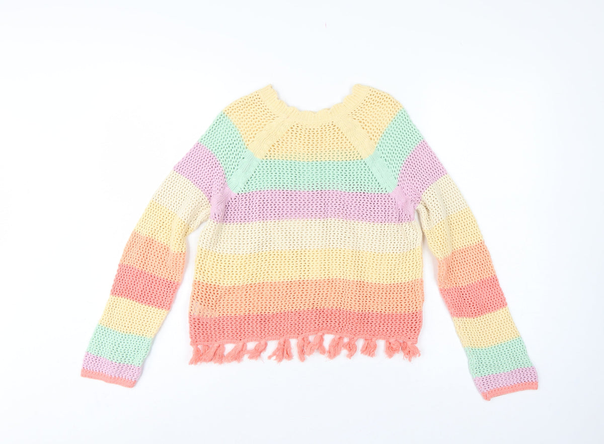 Next Girls Multicoloured 11 Years Cotton Knit Striped Tassel Pullover Jumper