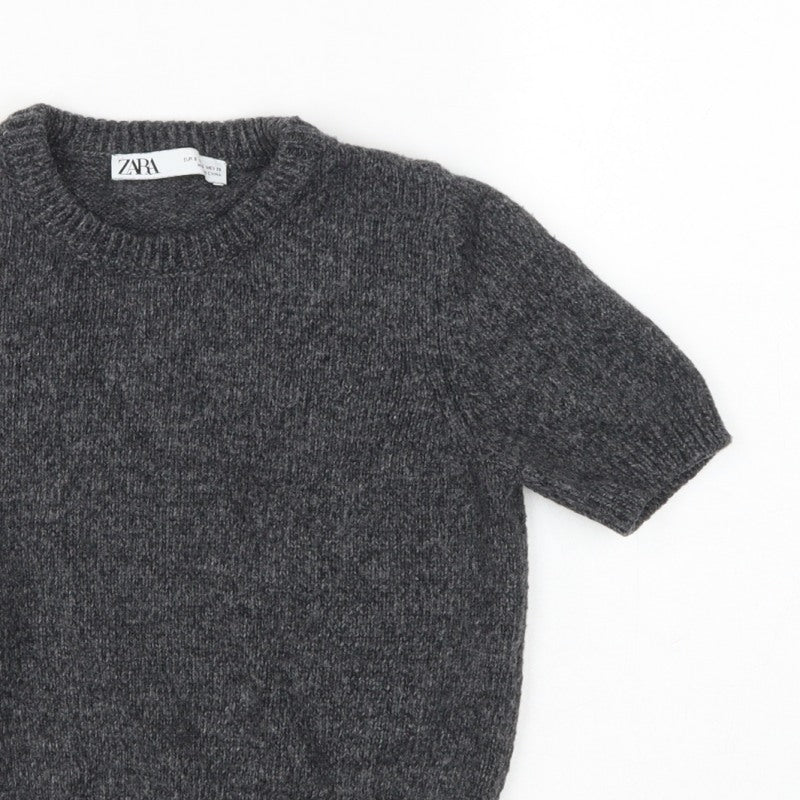 Zara Women Grey Wool Blend S Short Sleeve Crew Neck Knit Jumper