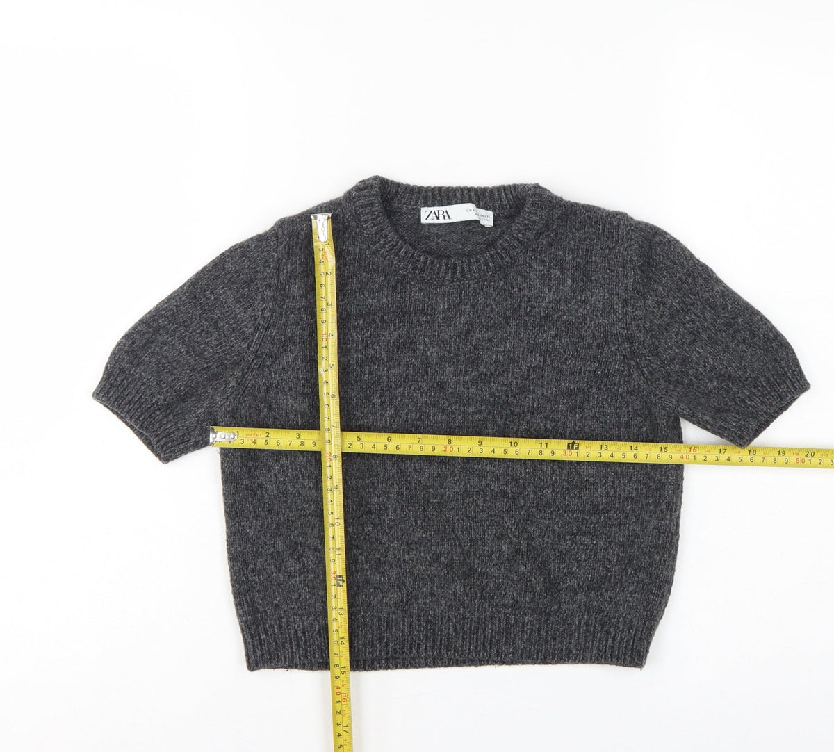 Zara Women Grey Wool Blend S Short Sleeve Crew Neck Knit Jumper
