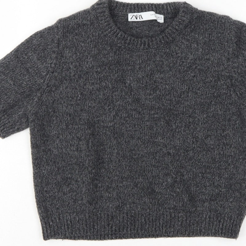 Zara Women Grey Wool Blend S Short Sleeve Crew Neck Knit Jumper