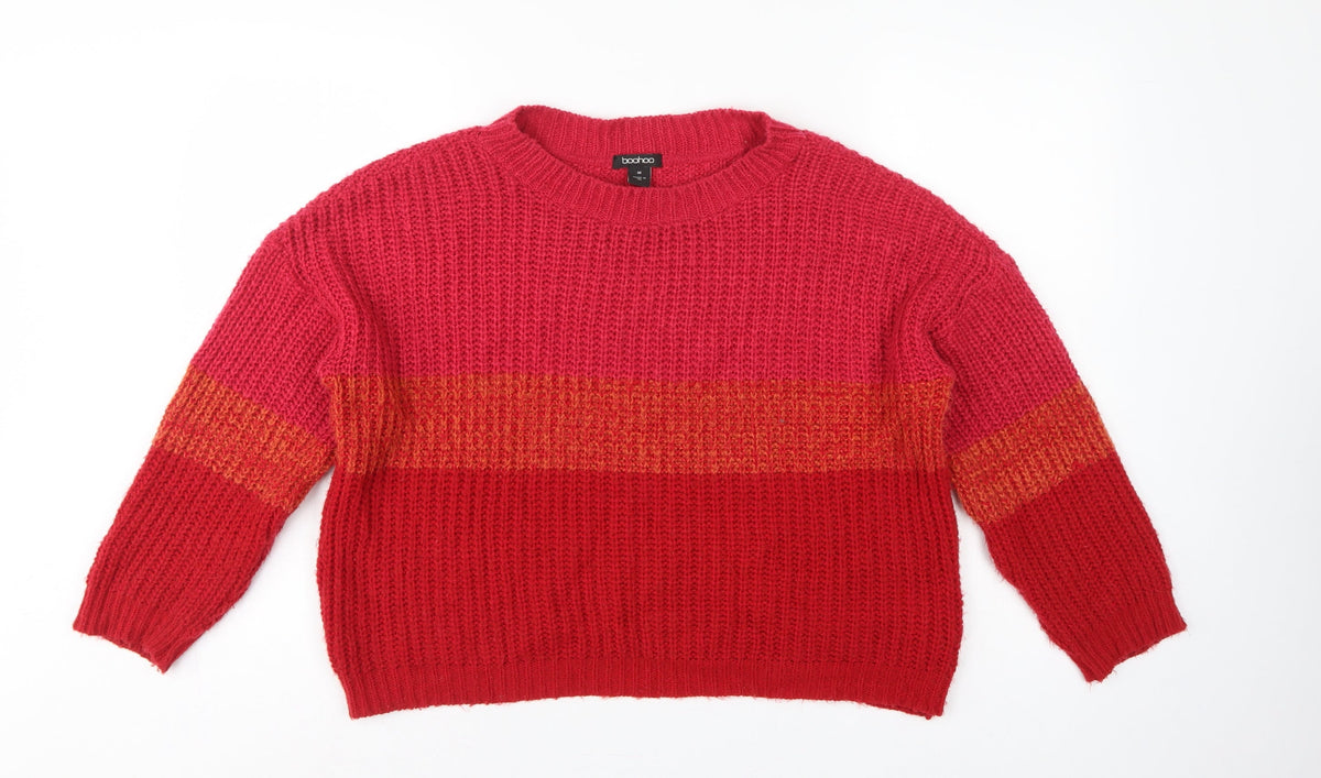 Boohoo Women Red Orange Stripe Chunky Knit Crew Neck Jumper M