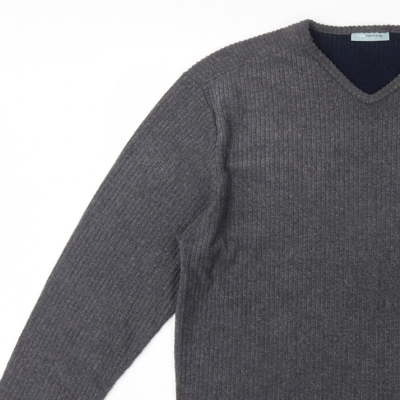 Red Herring Men’s Grey L V-Neck Ribbed Knit Pullover Jumper