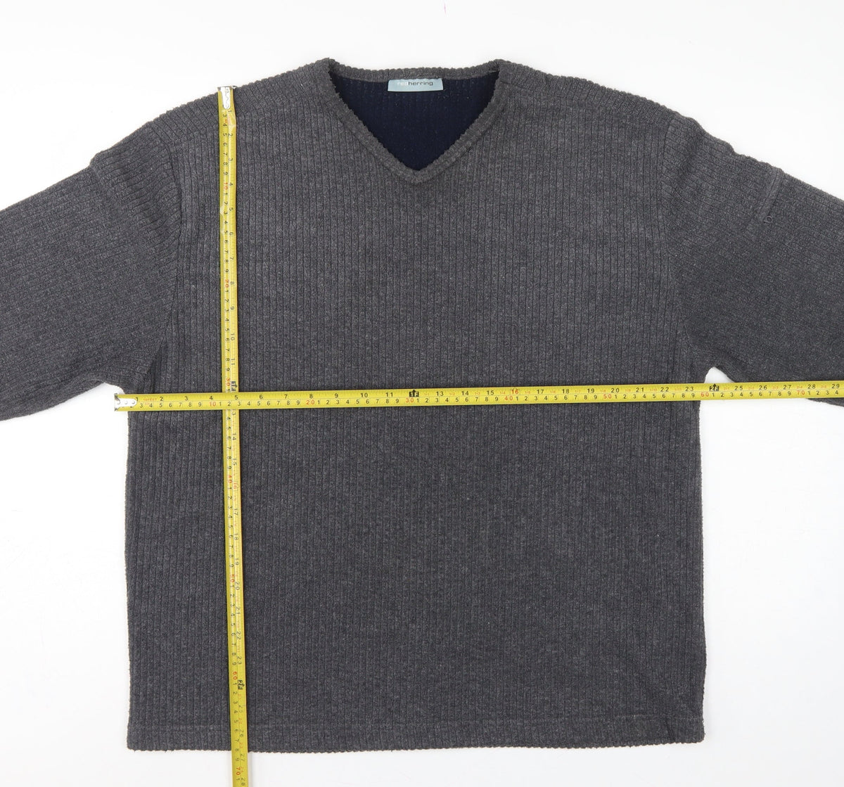 Red Herring Men’s Grey L V-Neck Ribbed Knit Pullover Jumper