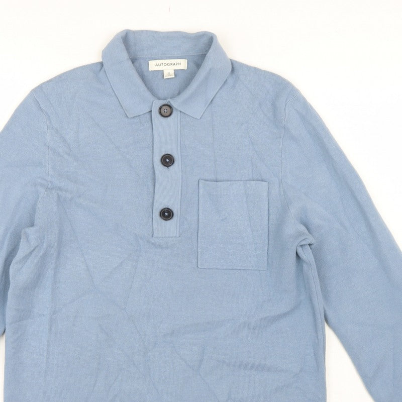 Autograph Men’s Blue M Henley Collared Knit Jumper Pocket